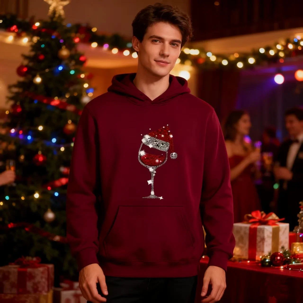 سويت شيرت كاجوال ومريح من القطن الخالص بنسبة 100% مقاس كبير للعام الجديد وعيد الميلاد، ملابس الحفلات مع موضوع النبيذ #1