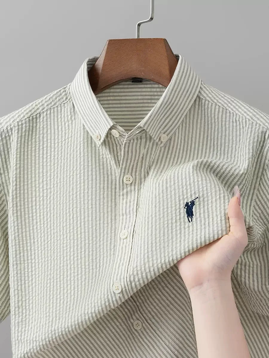 Designer brand short sleeve shirt 100% cotton men's summer comfort high-end pony embroidery fashion stripe golf casual new top