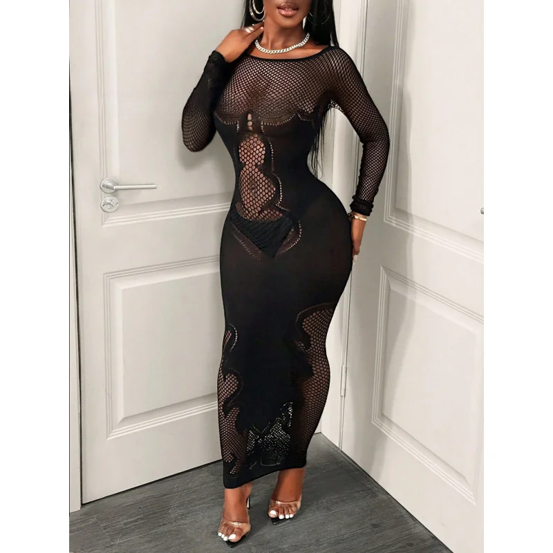 Sheer Mesh Hollow Out Dress Long-Sleeved Slim-Fit Bodycon Long Dress
