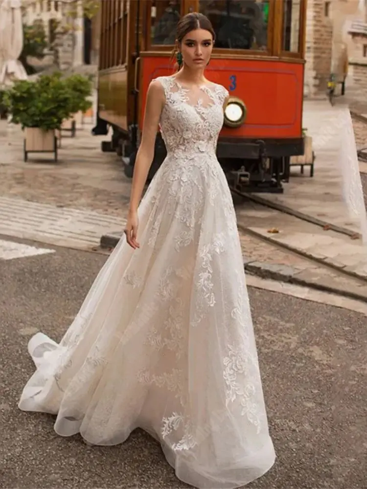 Robes de mariée en dentelle à col rond, robe de princesse, populaire, lisse, fibre de tulle, quelle que soit la longueur de vadrouille, ligne A, sexy, éducative