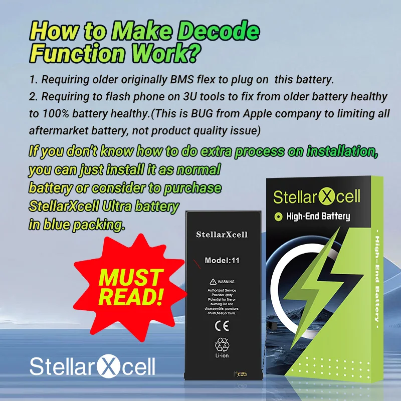Decode Battery No important message Show 100% genuine StellarXcell Battery For iPhone 11 Pro Max 12 13 14 13 mini 15 plus image 5