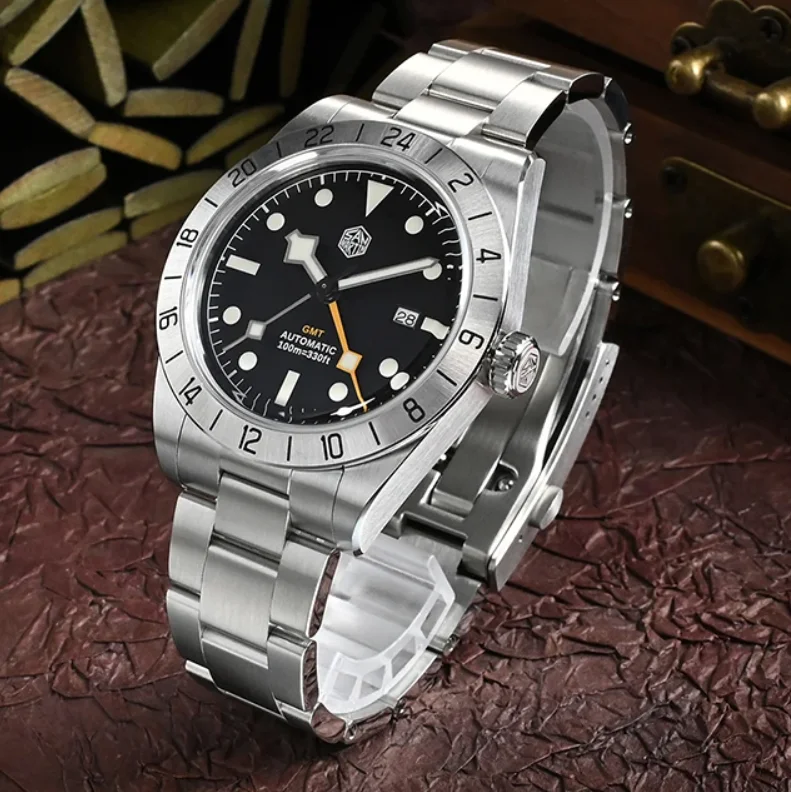 

San Martin Мужские часы GMT 39 мм Автоматические механические наручные часы для дайвера 100 м Водонепроницаемые BGW-9 Светящийся стальной безель с сапфировым стеклом