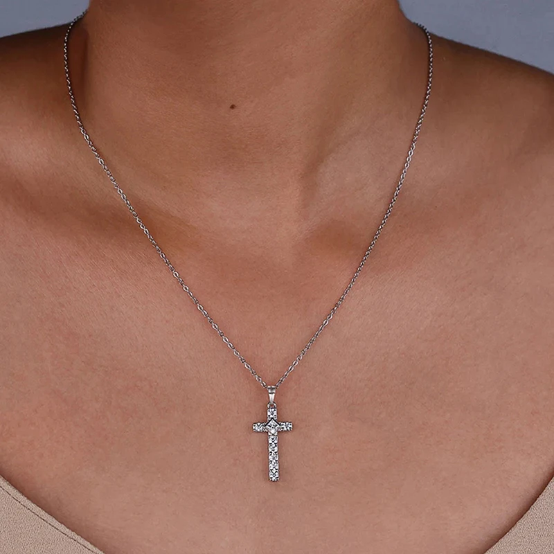 Huitan Fashion Cross Pendant Necklace Female Stylish Versatile Bright Zirconia Jewelry Trendy Modern Silver Color Accessories