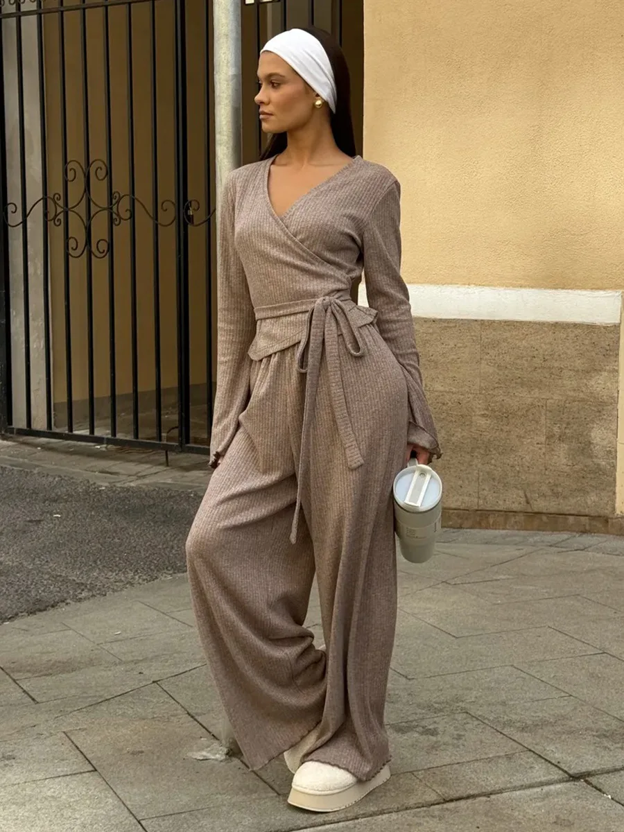 Bornladies-Conjunto de pantalones de punto con cuello de pico para mujer, traje de dos piezas de manga larga con lazo en la cintura, ajustado, primavera 2026