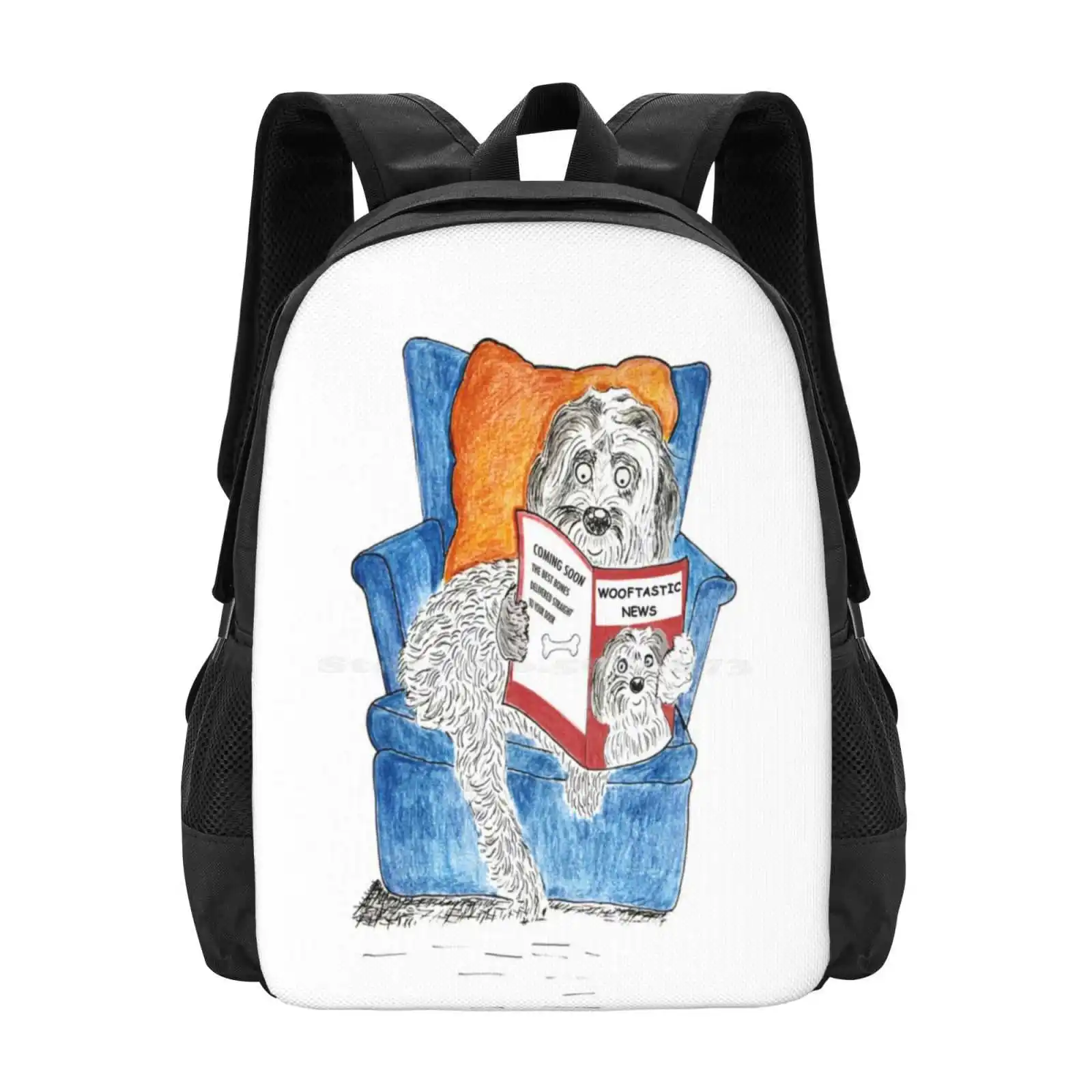 Wooftastic News Hot Sale Schoolbag Backpack Fashion Bags Pooch Nikki Attree Skateboard Fluffy Blue Armchair Cute Funny Dog Mutt