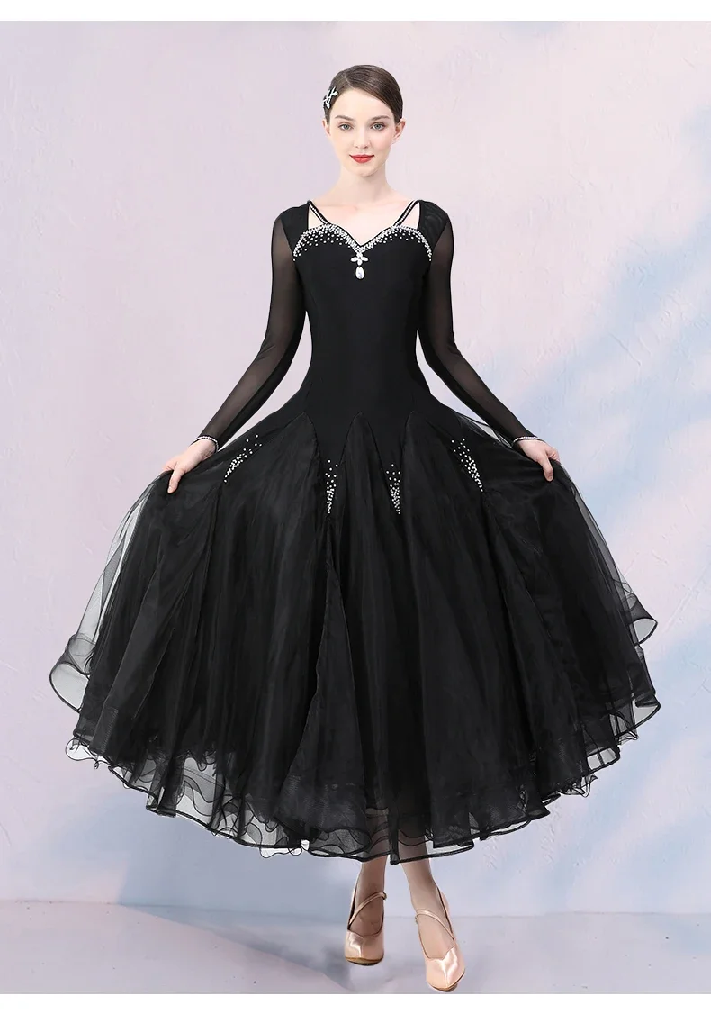 

Gauze Stitching Rhinestones Plus Size Women Ballroom Dance Competition Dress Viennese Waltz Dress Foxtrot DanceWear Ball Gown