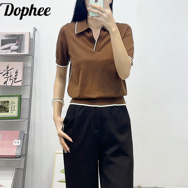 Dophee New Summer Cool T-shirt Women Colorblock Turn-down Collar Knitted Basic Top All-match Short Sleeve Elegant Thin Sweater