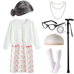 Halloween Great grandma cosplay older dress performance costume Kid Halloween with wig glasses