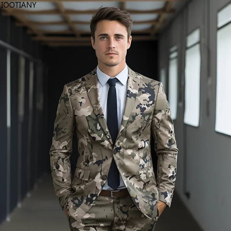 Geometric Camouflage Tactical Handmade Suit Men's 3d Digital Printing Suits Cos Party Stage Nightclub Shiny Cool Performance Set