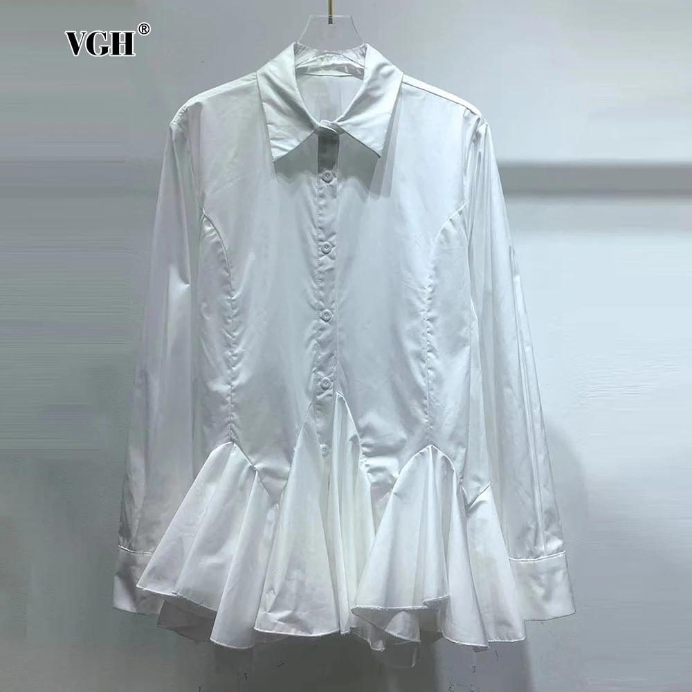 

VGH Temperament Patchwork Single Breasted Shirt for Women Lapel Long Sleeve Spliced Ruffles Hem Solid Blouses Female Fashion New