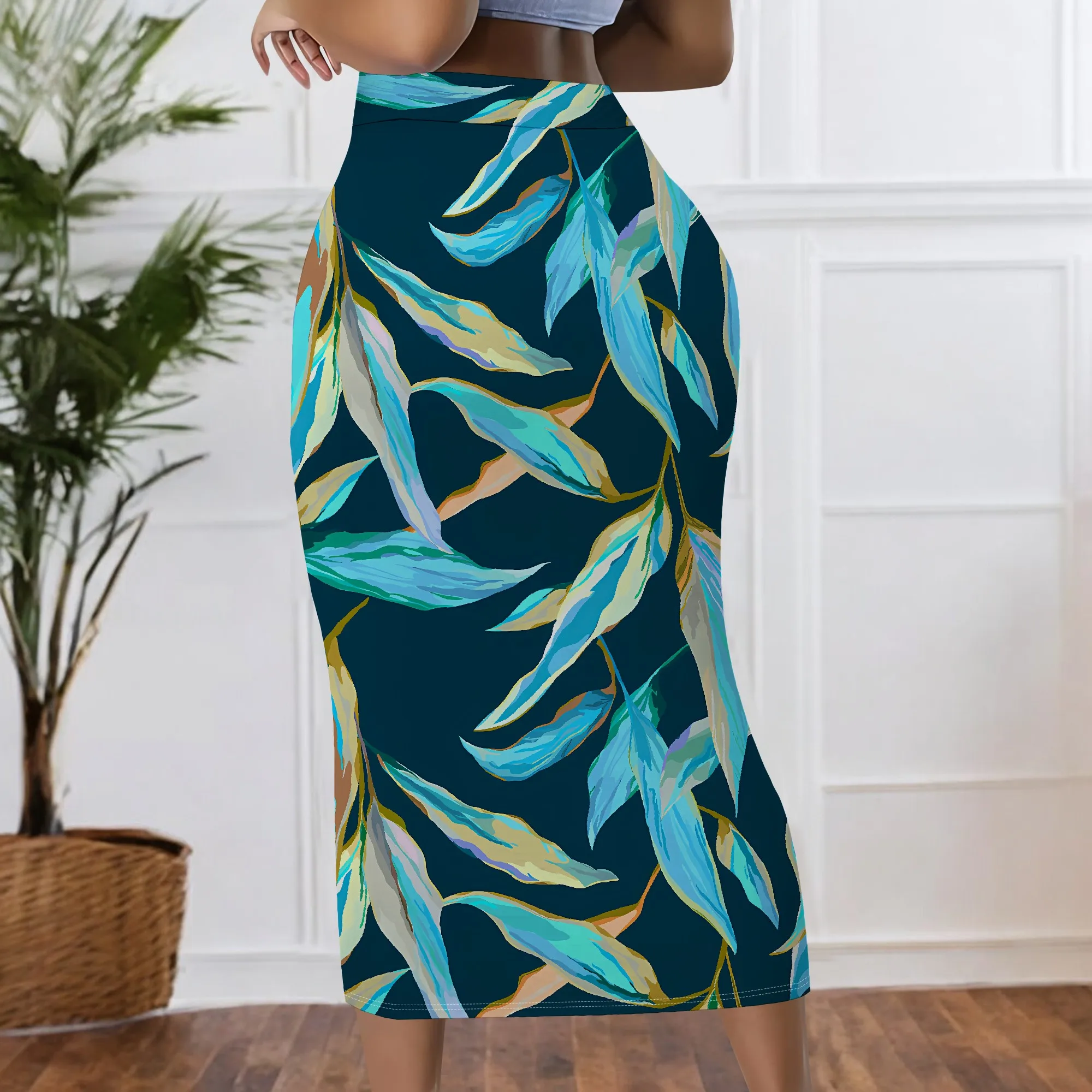 Midi-Rock mit tropischem Blätterdruck, Bleistiftrock mit hoher Taille, figurbetonte Partykleidung, lässige Büro-Unterteile, S-2XL – Detail 4