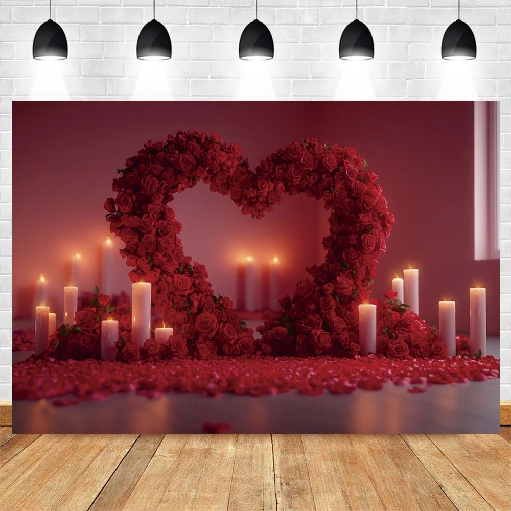 Sfondo con fiori di rosa rossa, cuore d'amore, proposta di San Valentino, scena interna della stanza, matrimonio, sposa, ritratto, sfondo fotografico