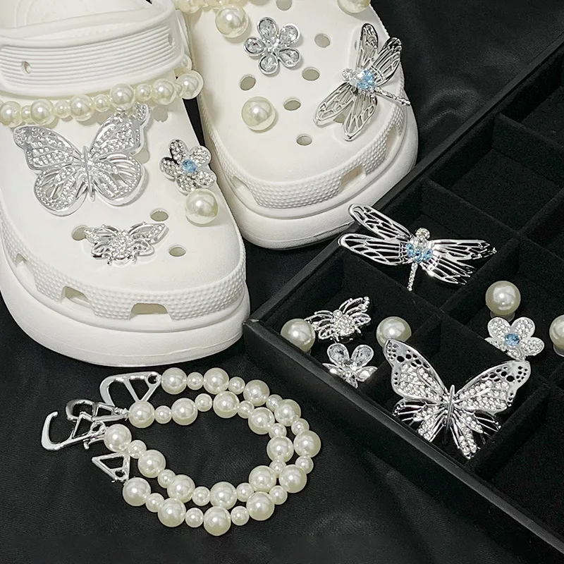Clogs Shoes Decorative Accessories Buckle Shoe Flower Silver Butterfly Dragonfly Diamond DIY Removable Pearl Chain 3D Charms