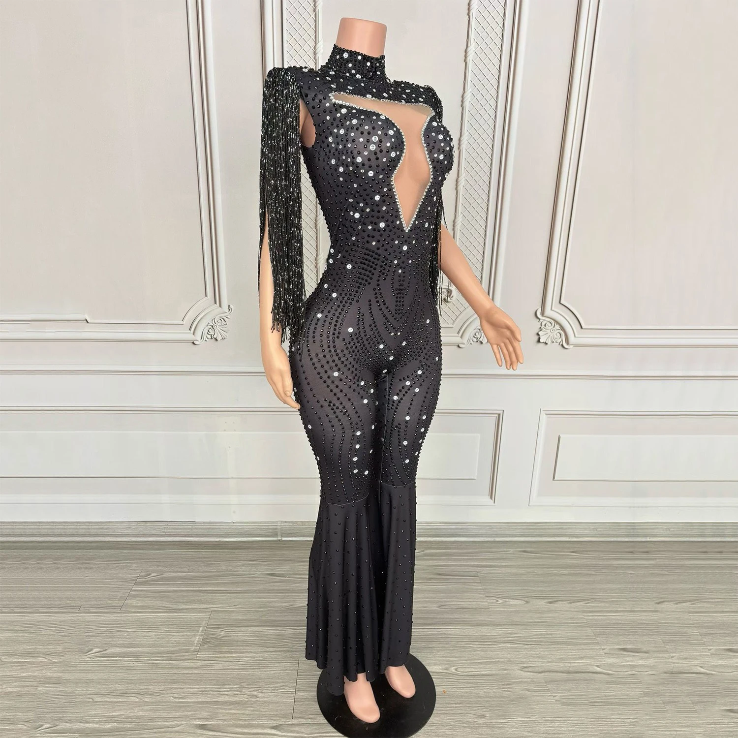 Czarny kombinezon z długimi frędzlami z dżetów, strój do klubu nocnego, dla DJ-a, do tańca na rurze, odzież damska do tańca jazzowego, strój na festiwal, odzież rave, XS10748