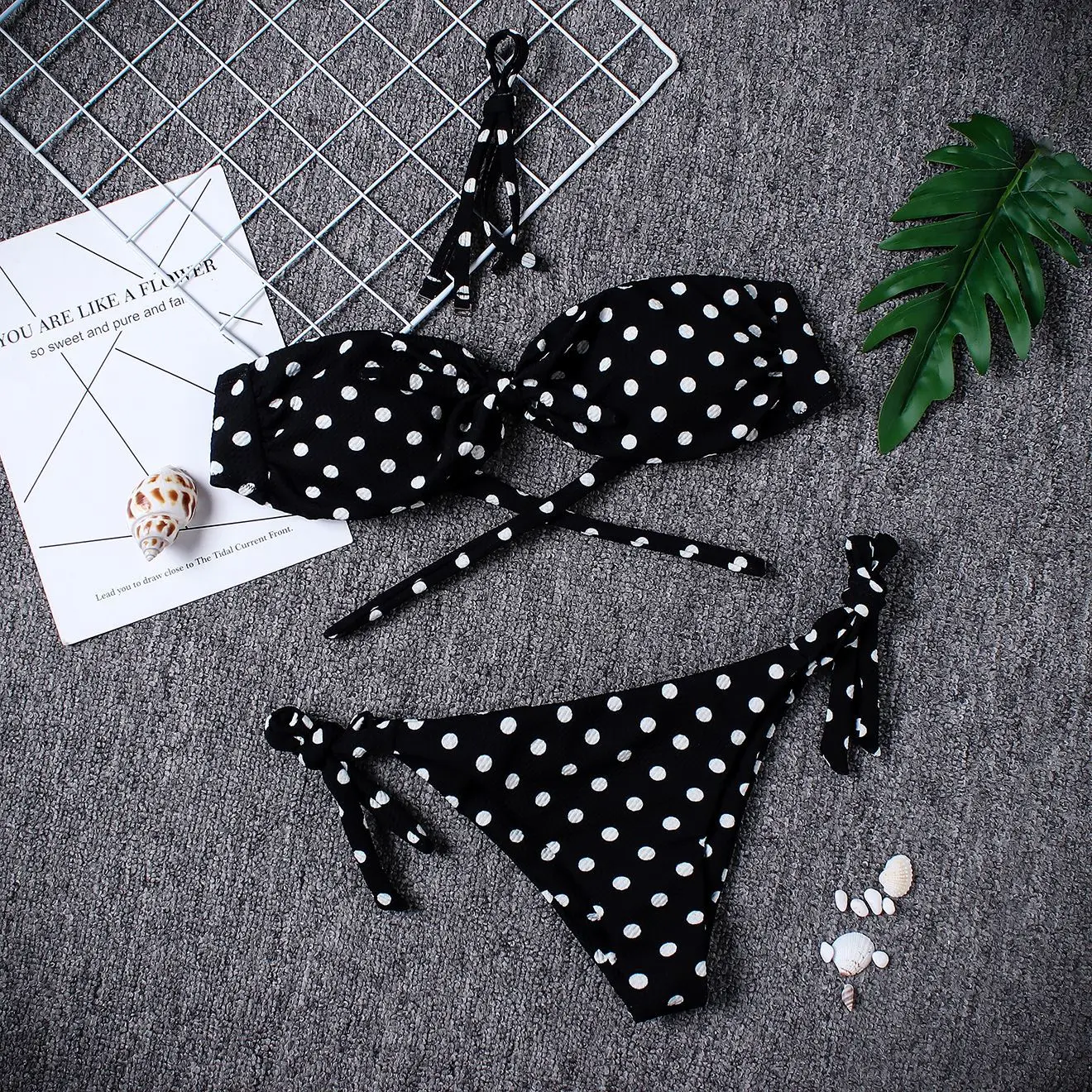 Popular Sexy Women Strapless Bandage Bandeau Push Up Dot Printed Bikini Set Lace Up Female Summer Swimwear Swimsuit Beachwear