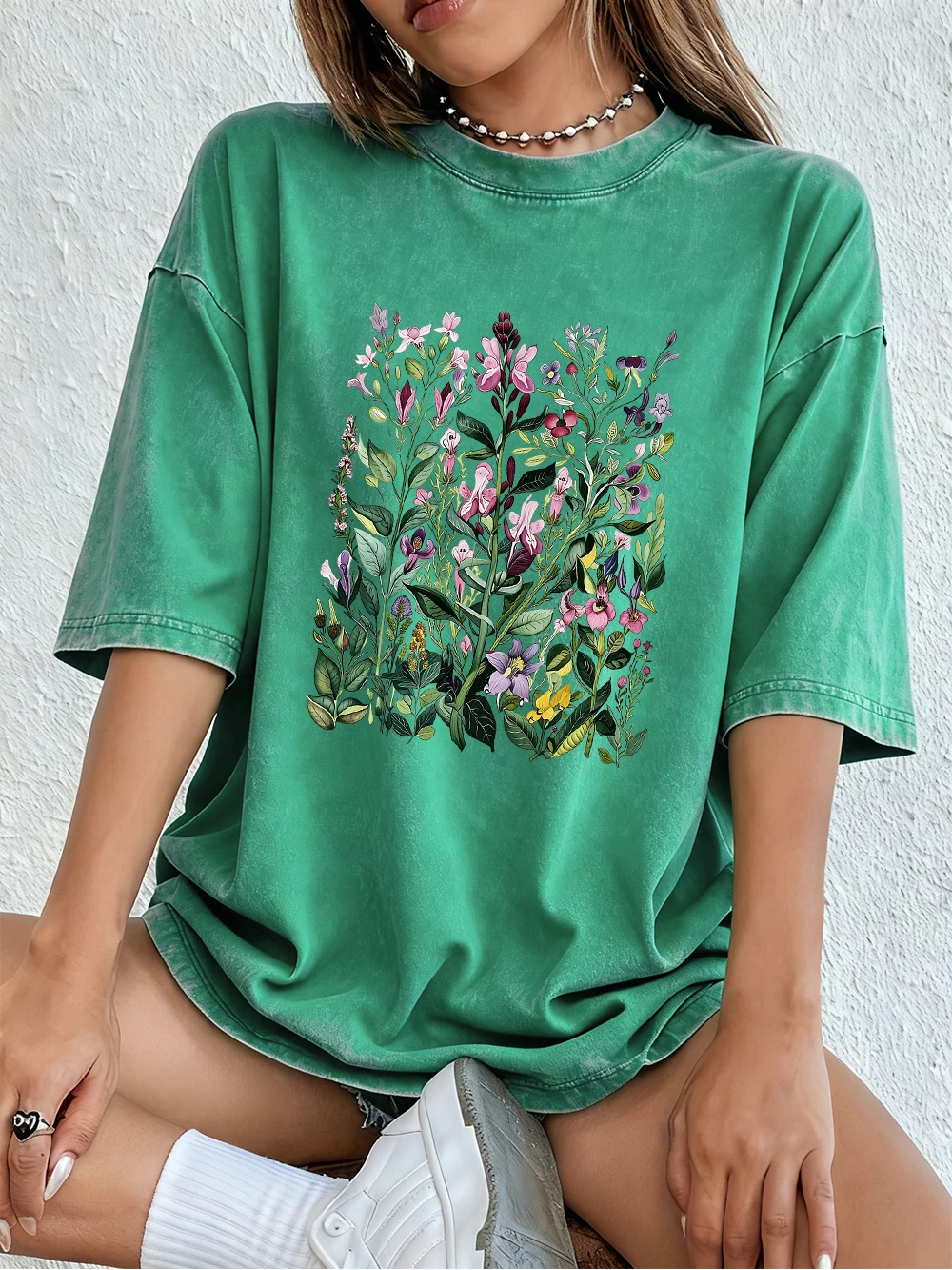 Having Different Beautiful Flowers Print Washed Tee Shirt Women Cotton T-Shirt Sport Summer Top Hip Hop Soft Short Sleeve