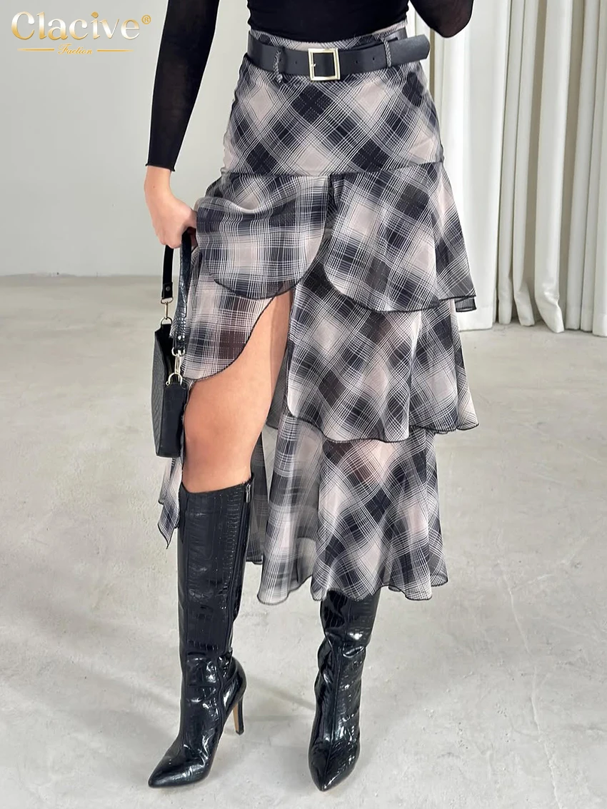 

Модная свободная женская юбка Clacive в серую клетку, винтажная юбка миди с высокой талией, элегантная классическая плиссированная юбка, женская одежда 2026