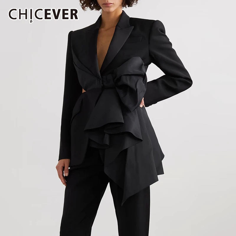 CHICEVER-Blazer avec nœud papillon 3D pour femme, col cranté, manches longues, ourlet irrégulier, blazers amincissants, épissé solide, découpé, chic