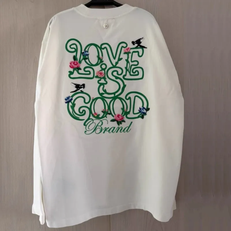 White Breathable Cotton Vine Branches Small Flower Embroidery GOODBRAND Long Sleeve Tshirts Love Is Good Men Women Pullover