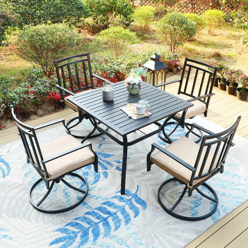 5-Piece Outdoor Patio Swivel Set Metal Dining Furniture Beige Cushion, 4 Steel Metal Swivel Patio Chairs & 1 Square Dining Table