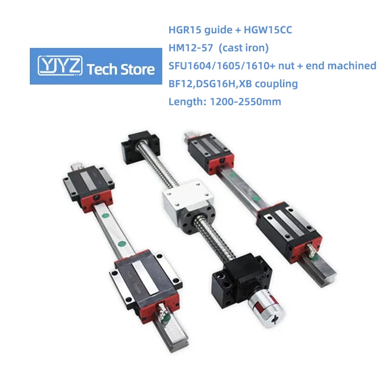 HGR15 Rails HGW15CC Slider SFU1604/1605/1610 Ballscrew With Nut Length 1200-2500mm HM12-57 (Cast Iron) BF12 DSG16H Coupling