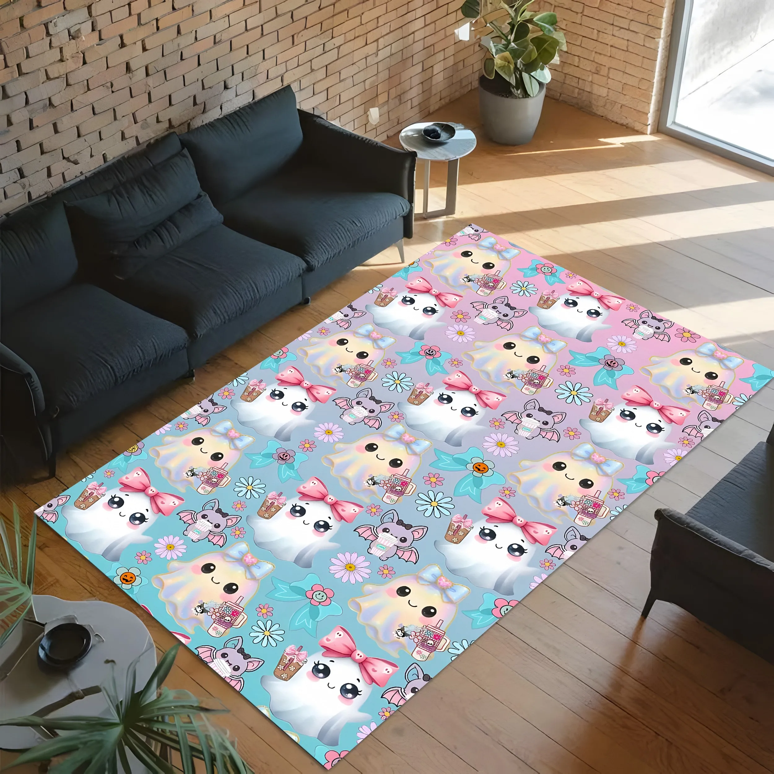 2D Large Carpet Cute Ghost Bat Floral Print Soft Sweet Style Pink Blue Gradient Childlike Fun Halloween Atmosphere