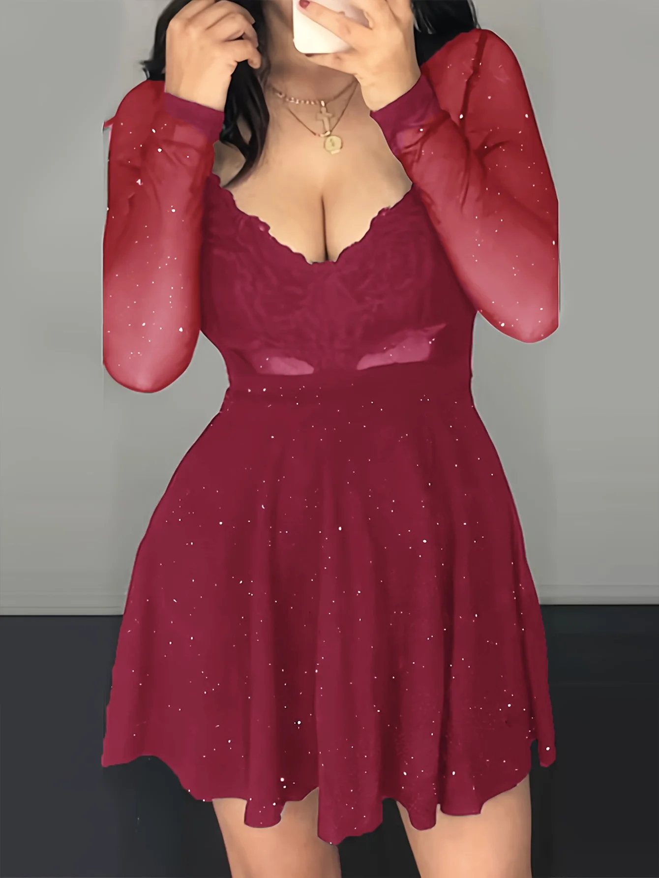 Sparkle Mesh Mini Dress Deep V Neck Black Lace Lined Long Sleeve Cocktail Evening Party dresses for women