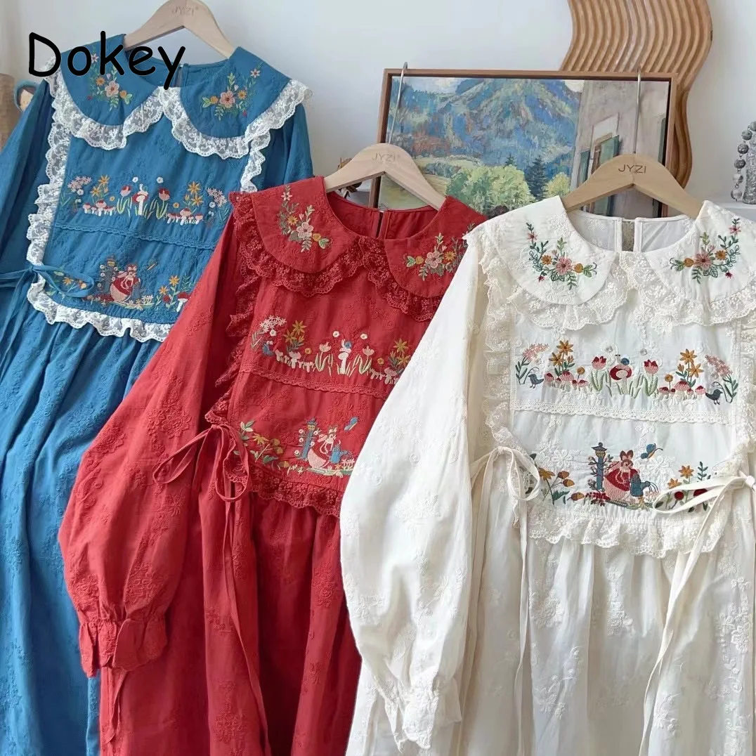 Vintage Embroidery Lace-up Lolita Dress Women Autumn Mori Peter Pan Collar Long Sleeve Cotton Linen Dress Loose Kawaii Vestidos