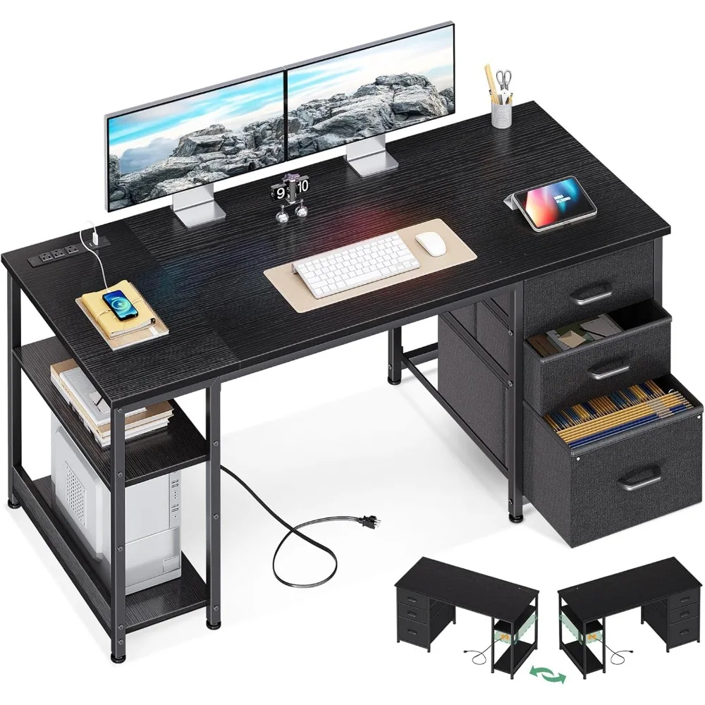 

51 Inch Computer Desk with Fabric Drawers & USB Power Outlets, Reversible Home Office Desk with Storage Shelves, Work from Home
