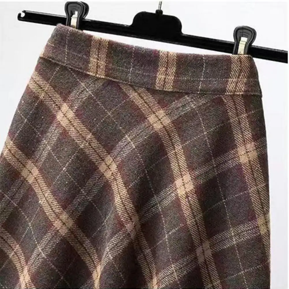 Winter Large Hem Skirt Plaid Print A-line Midi Skirt with High Elastic Waist Thick Warm Soft Shirring for Fall Winter Women's