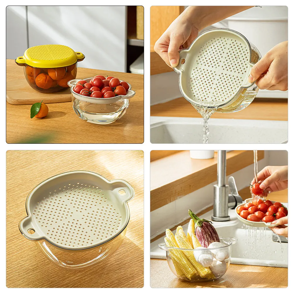Double Layer Drain Basket for Fruits Vegetables Washing and Storage Heavy Duty PP Pet Kitchen Strainer with Fast Drain Holes
