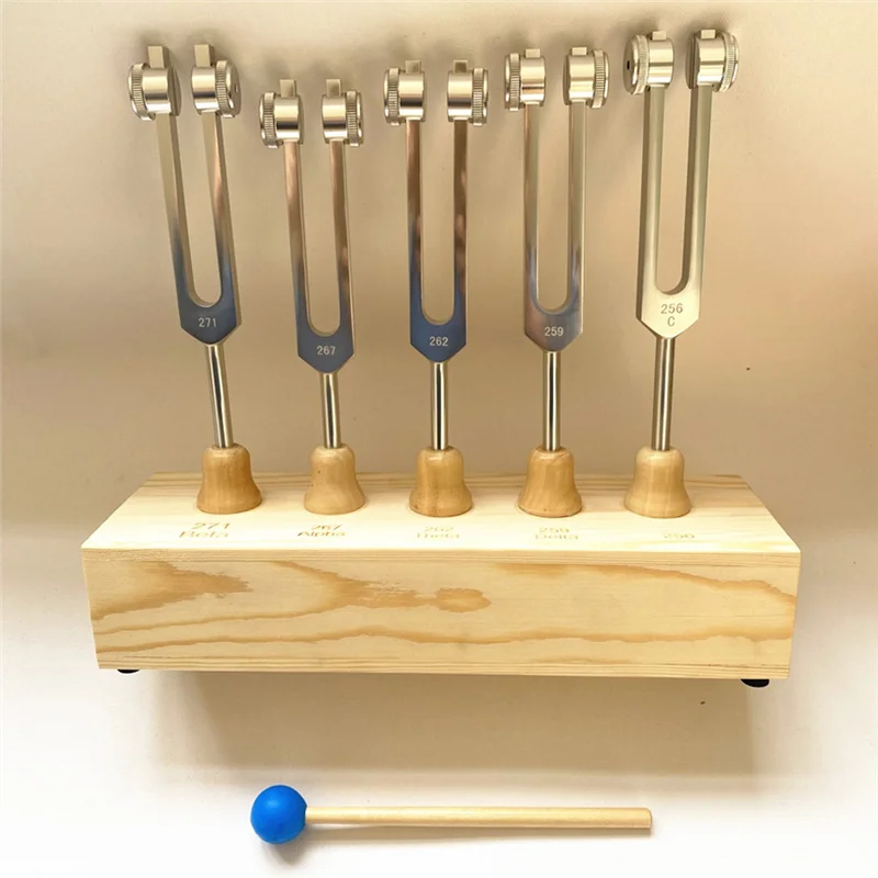 AA08-Brain Tuner 1Set Tuning Fork Set Of 5 For Delta Theta Alpha Beta With Wooden Voice Box For Sound Therapy