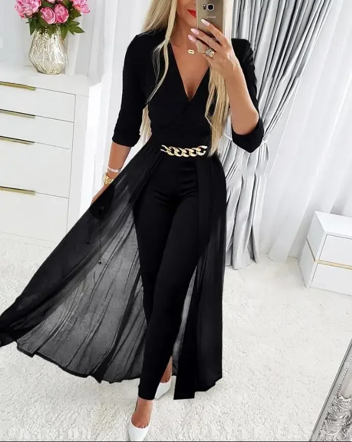

Fall Outfits Women Chain Decor Sheer Mesh Overlay Long Sleeve Tight Fitting Jumpsuit Fashion and Elegant Commuting Combinations