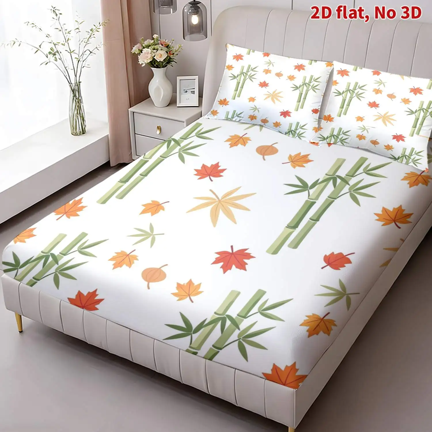 3-Piece Mattress Protector Set, 2D Flat Printed Fitted Sheet, Flat Bamboo Leaf and Autumn Leaf Pattern Fitted Sheet Set, Queen King Size, Home Bedroom Decoration, Holiday-Themed Fitted Sheet and Pillowcase, Mattress Protector, Stain-Resistant, Mattress Cover, Suitable for All Seasons, Machine Washable, Easy to Care For, Universal for Home Bedrooms, Essential for Dorms and Rentals, Master Bedroom and Guest Room Decoration, Dust-Proof and Stain-Resistant, High Elasticity, Fits Various Sizes