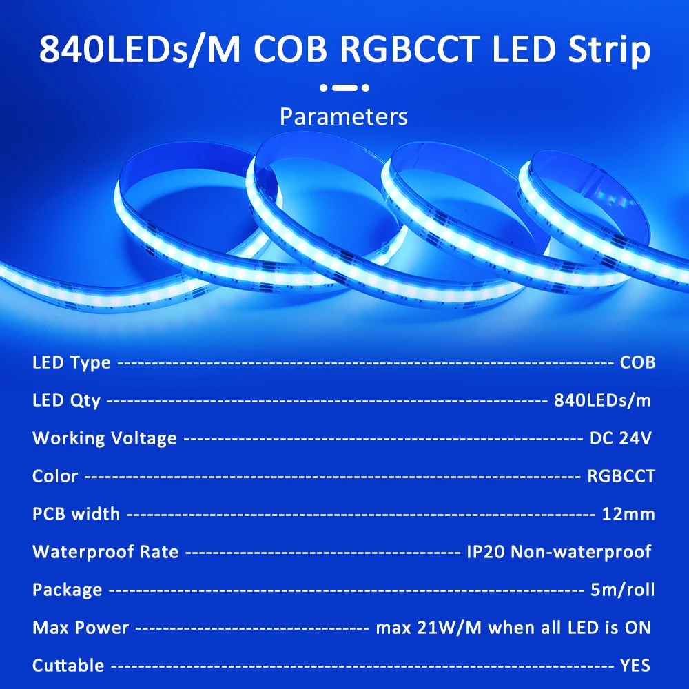 COB RGBCCT 유연한 LED 스트립, 방 장식용 네온 테이프 리본 램프, 840 다이오드, RGB CCT, WW, CW, 24 V, 6 핀, 12mm, 5M