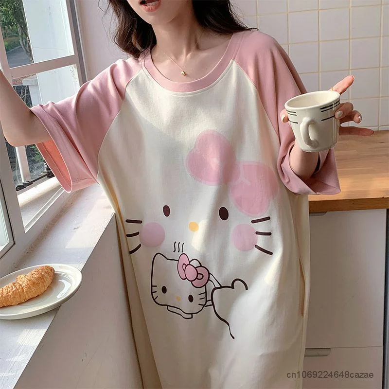 Sanrio Cartoon Summer Cute Dress Women Hello Kitty Short Sleeve Sleepshirts Medium Long Style Nightgowns Y2k Soft Home Clothes