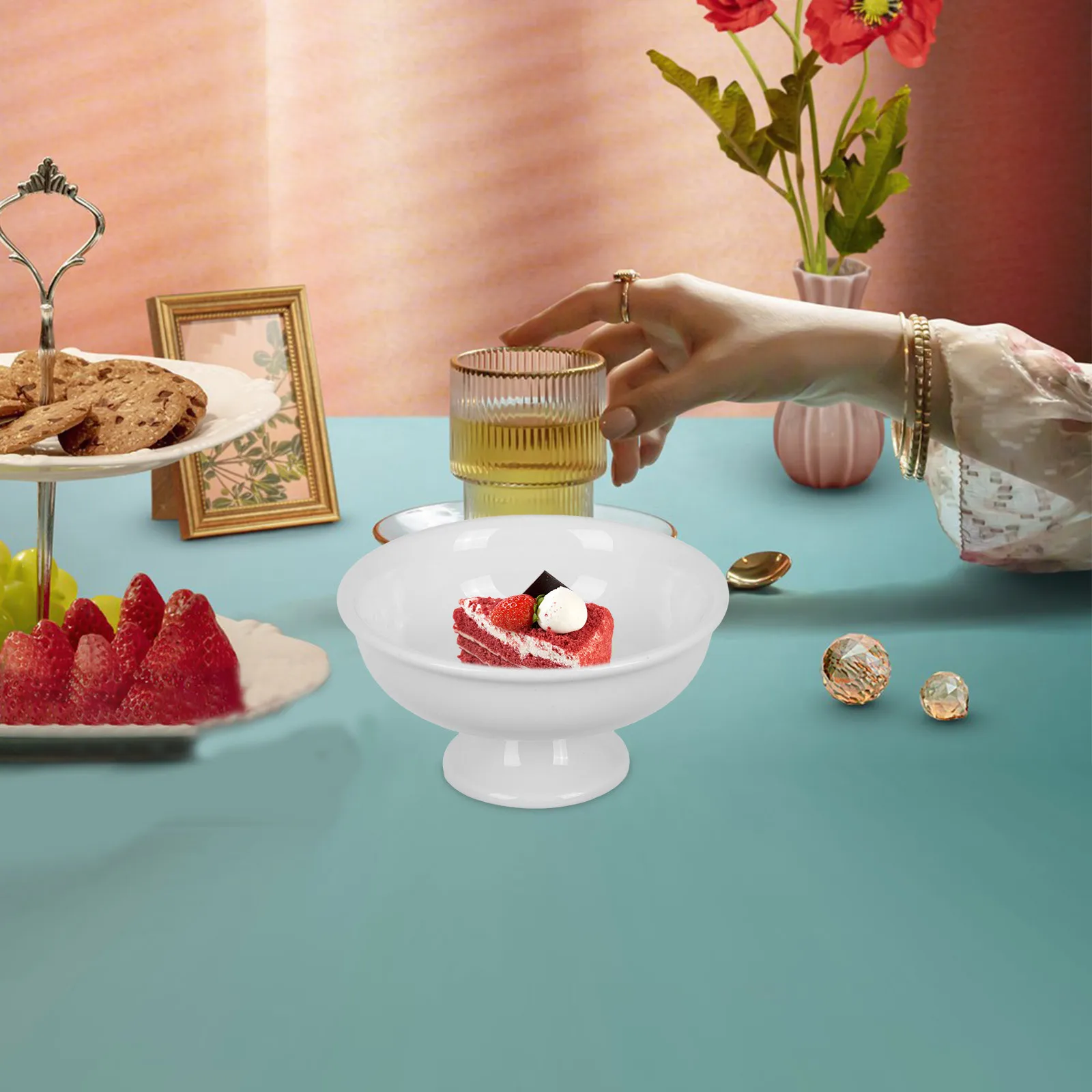 

White Ceramic Footed Dessert Bowl Palace Style Elevated Pedestal Fruit Bowl for Ice Cream Snacks Dry Fruits Serving Dish