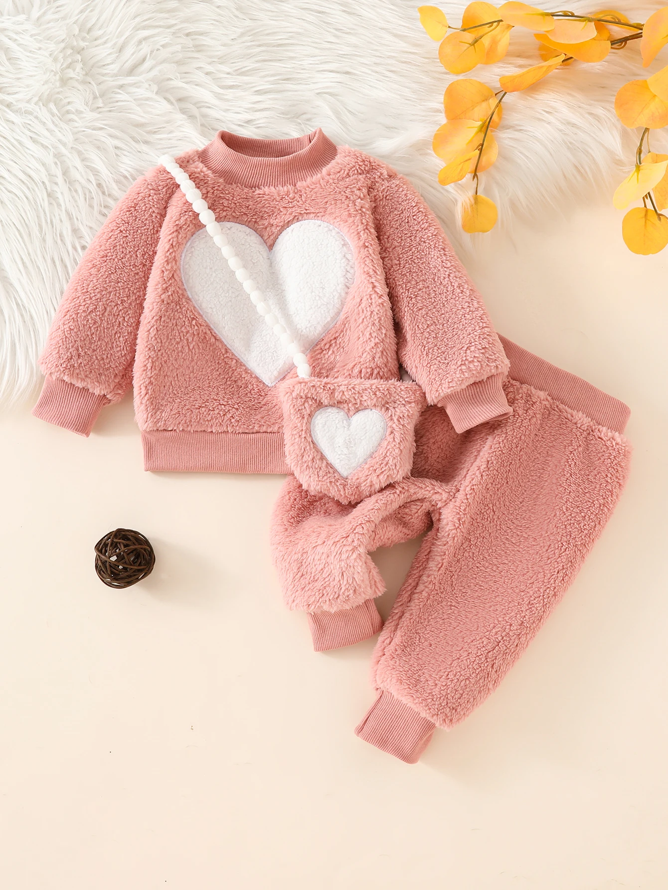 Winter Baby Girl Casual Cute Fuzzy Embroidered Heart Long Sleeve and Pants Set, 3-Piece Baby Outfit