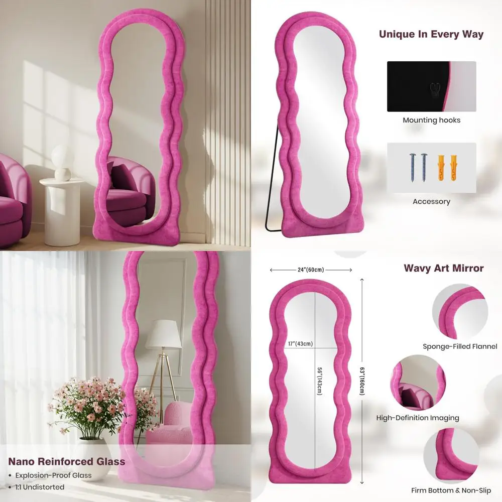 Specchio da pavimento a parete ondulato ad arco per tutto il corpo con supporto, 63x24 pollici, cornice rosa caldo, parete sospesa appesa, specchio a figura intera