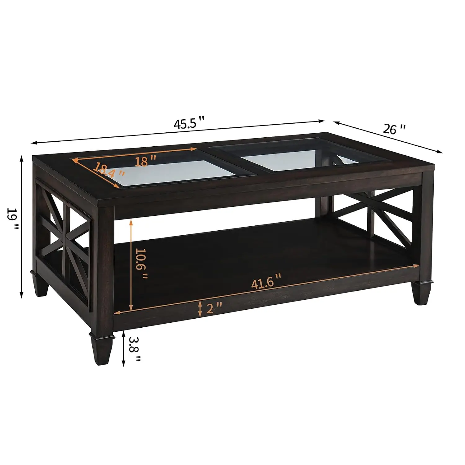 Solid Wood Coffee Table Tempered Glass Top Vintage Walnut Living Room Furniture, Customized