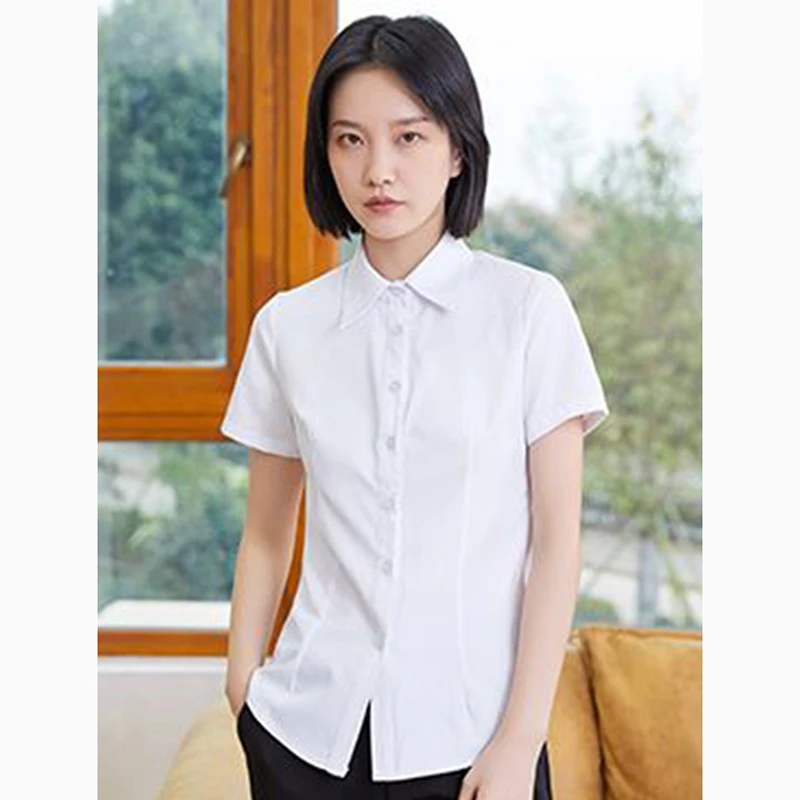 Y2K Women White Shirt Korean Casual Office Turn Down Collar Female Short Sleeve Blouse Fashion New Button All Match Ladies Tops