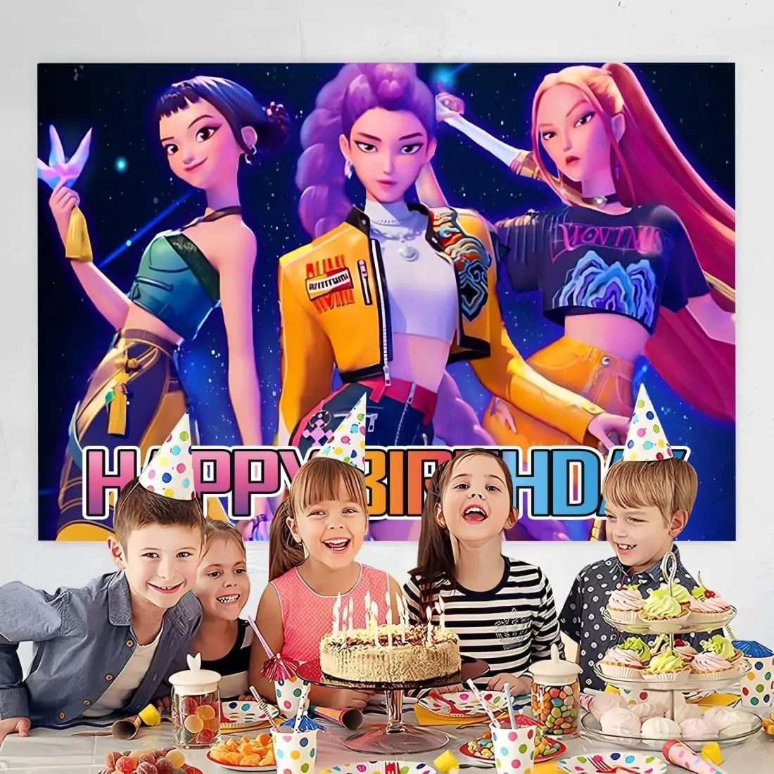 Happy Birthday Backdrop Banner for Kids Party Decorations, 5x3ft Colorful Polyester Fabric - view 2