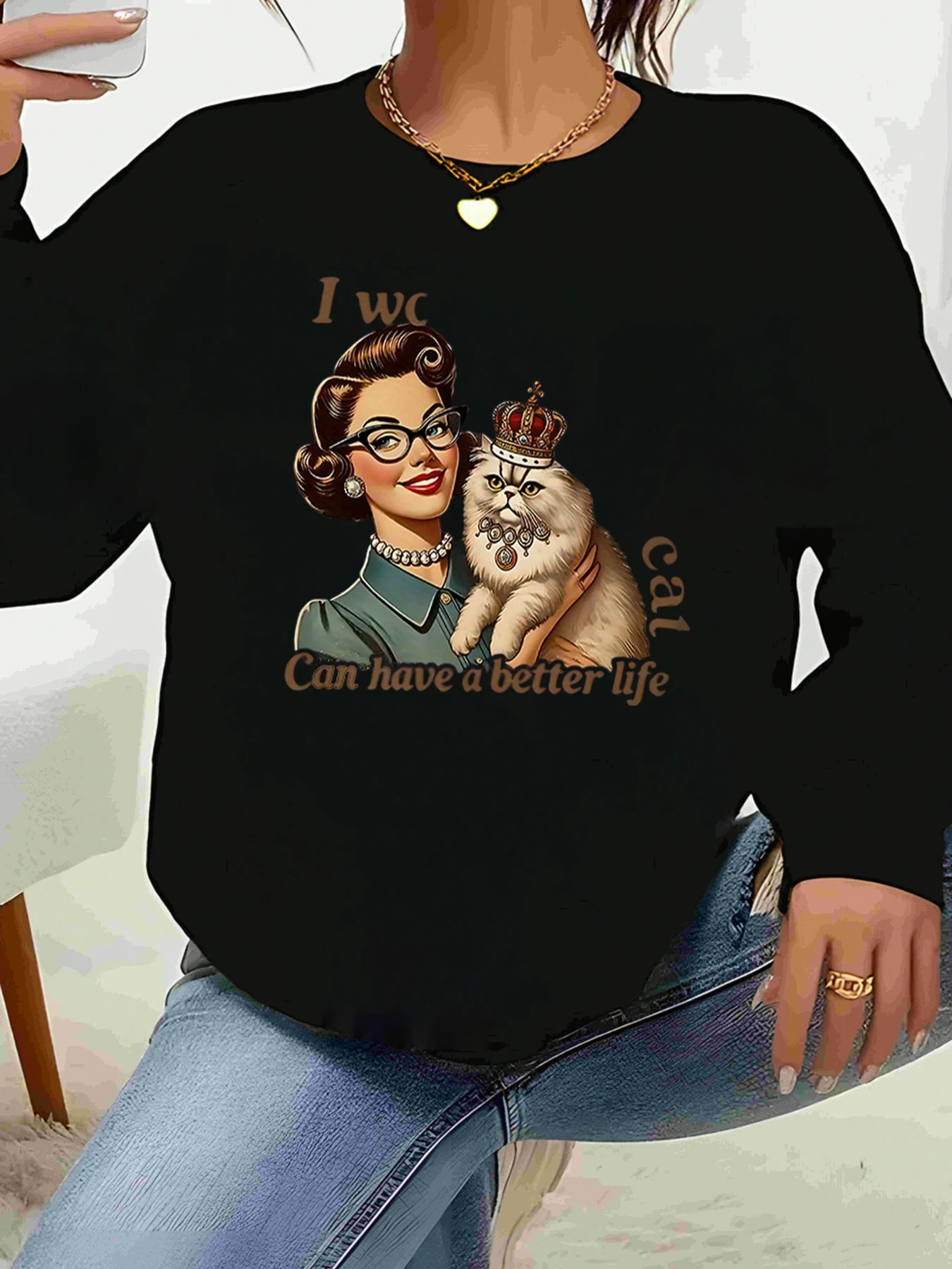 

Футболка с длинными рукавами и графическим принтом «Кошачья королева и женщина», повседневная одежда для женщин, повседневная одежда