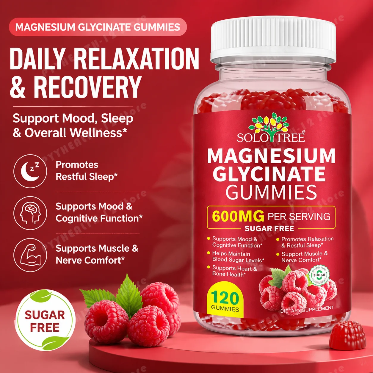 Magnesium Glycinate Gummies,600mg Per‑Serving Sugar‑Free 120 Count,Relieve Tension,Improve Sleep Quality & Nourish Muscle‑Nerve