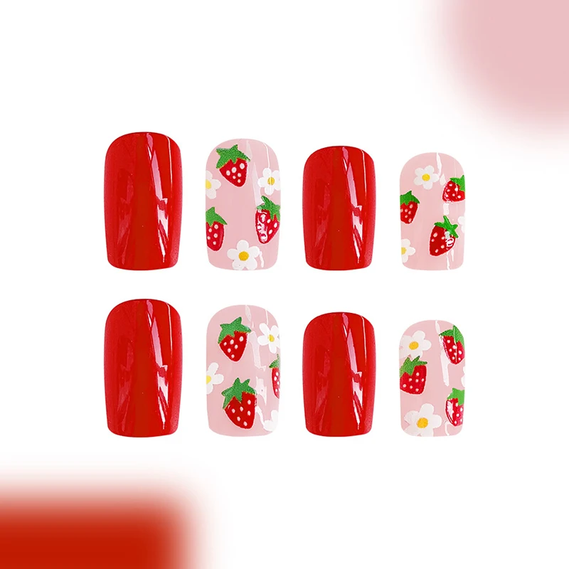 24Pcs Short Glossy Press on Nail fragola White Small Flower unghie finte stili multipli di piccoli fiori Nail Art staccabile