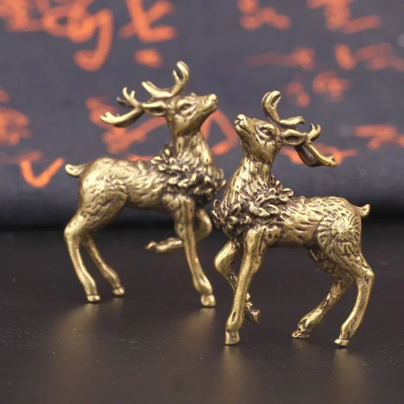 2PCS New Vintage Pure Copper Deer Ornaments A Pair of Solid Brass Sika Deer Elk Living Room Ornaments Home Decoration