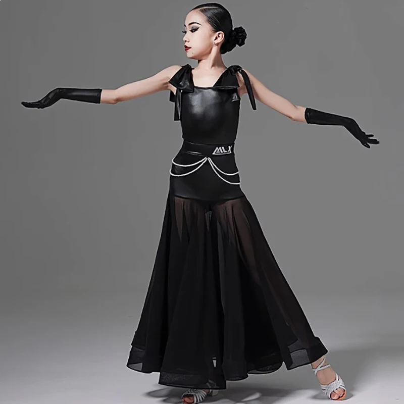 

Children Ballroom Dance Costume Latex Leather Lace-up Backless Bodysuit and Mesh Skirts Kids Girls Performance Training Clothing