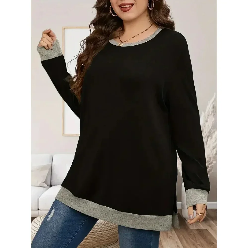 Autumn/Winter Plus Size Women's XL-5XL Casual Color Blocking Long-sleeved T-shirt Pullover Fashionable Crew-neck Sweatshirt Top