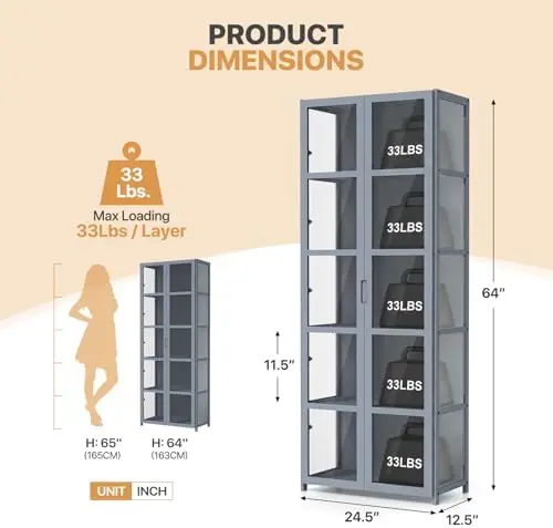 5-Tier Curio Cabinet, Display Cabinet with Acrylic Doors, Gray | 64