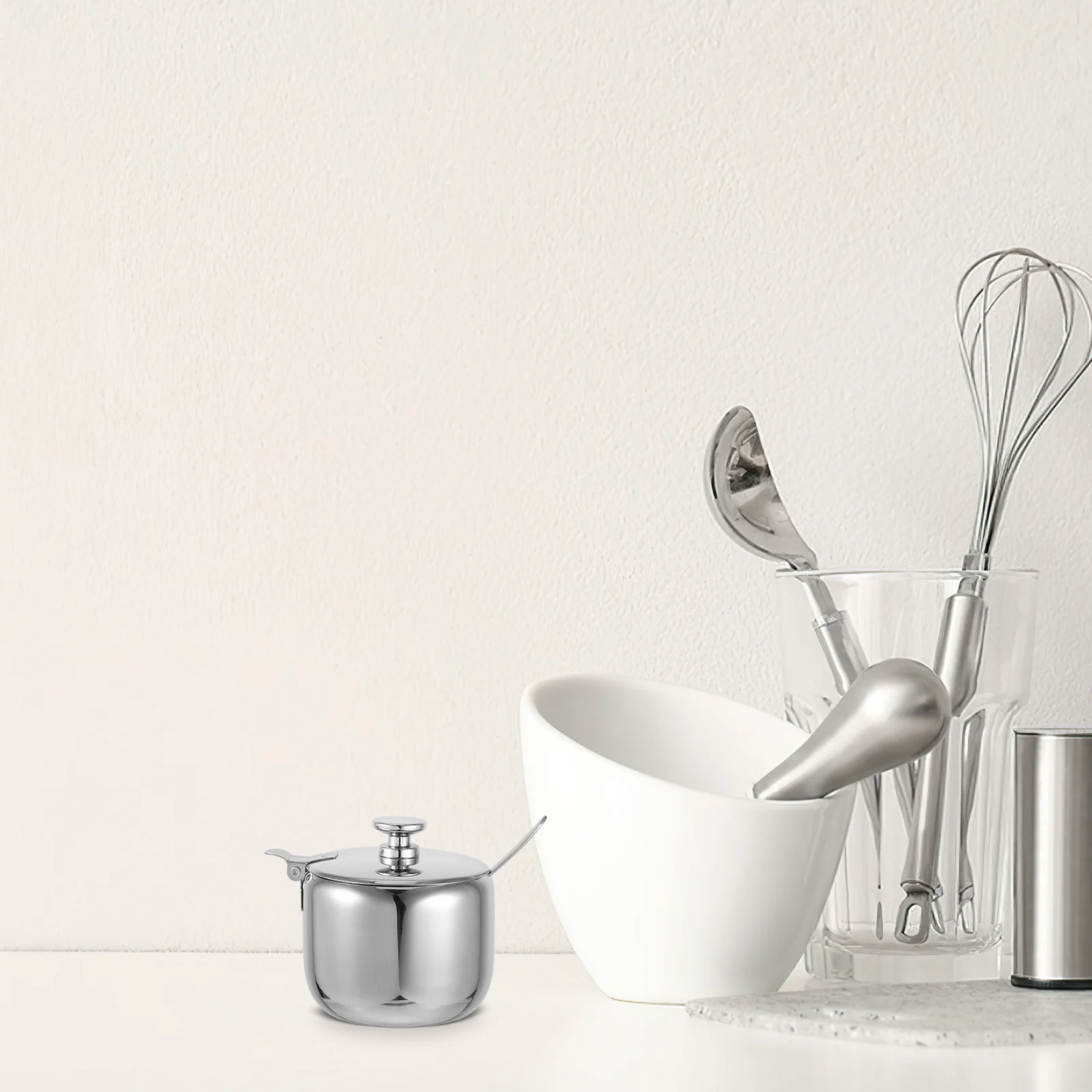

Stainless Steel 250Ml Round Sugar Container Condiment Bowl Airtight Lid Spoon for Kitchen Coffee Tea Seasoning Storage